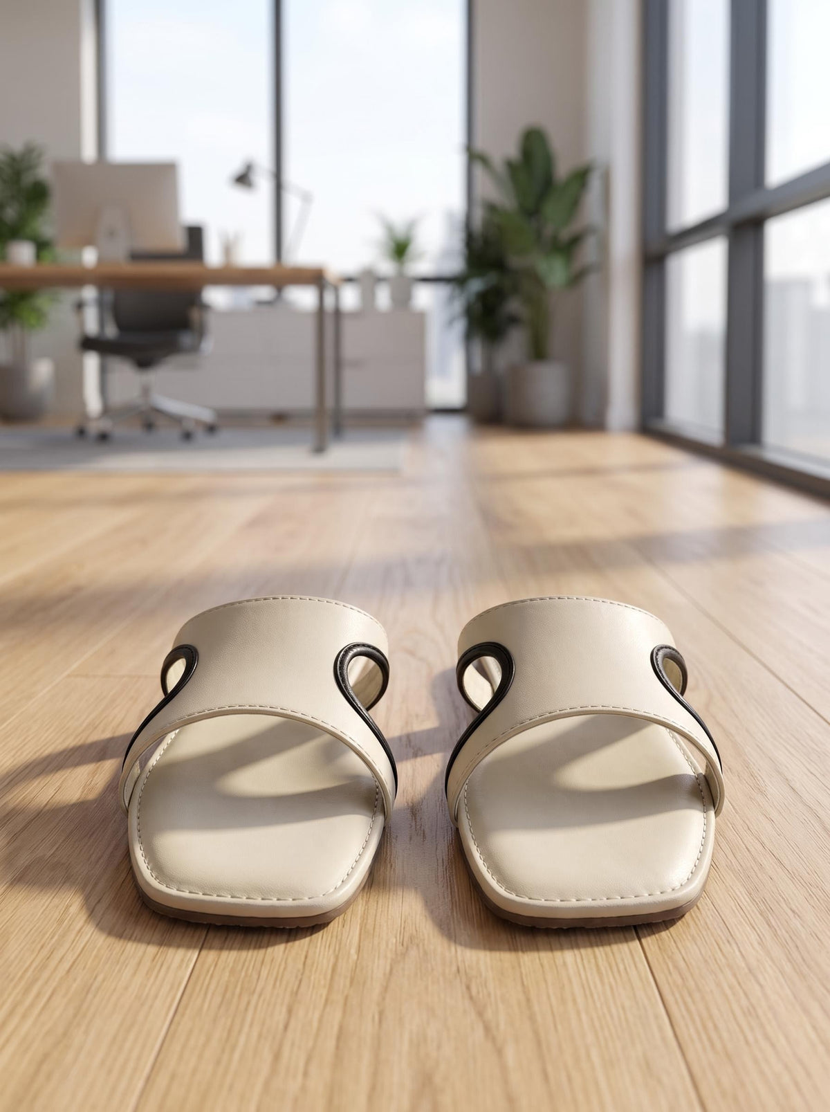 Contrast-Piped Minimal Slide in Ivory - front view