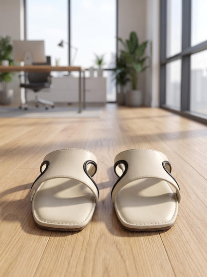 Contrast-Piped Minimal Slide in Ivory - front view