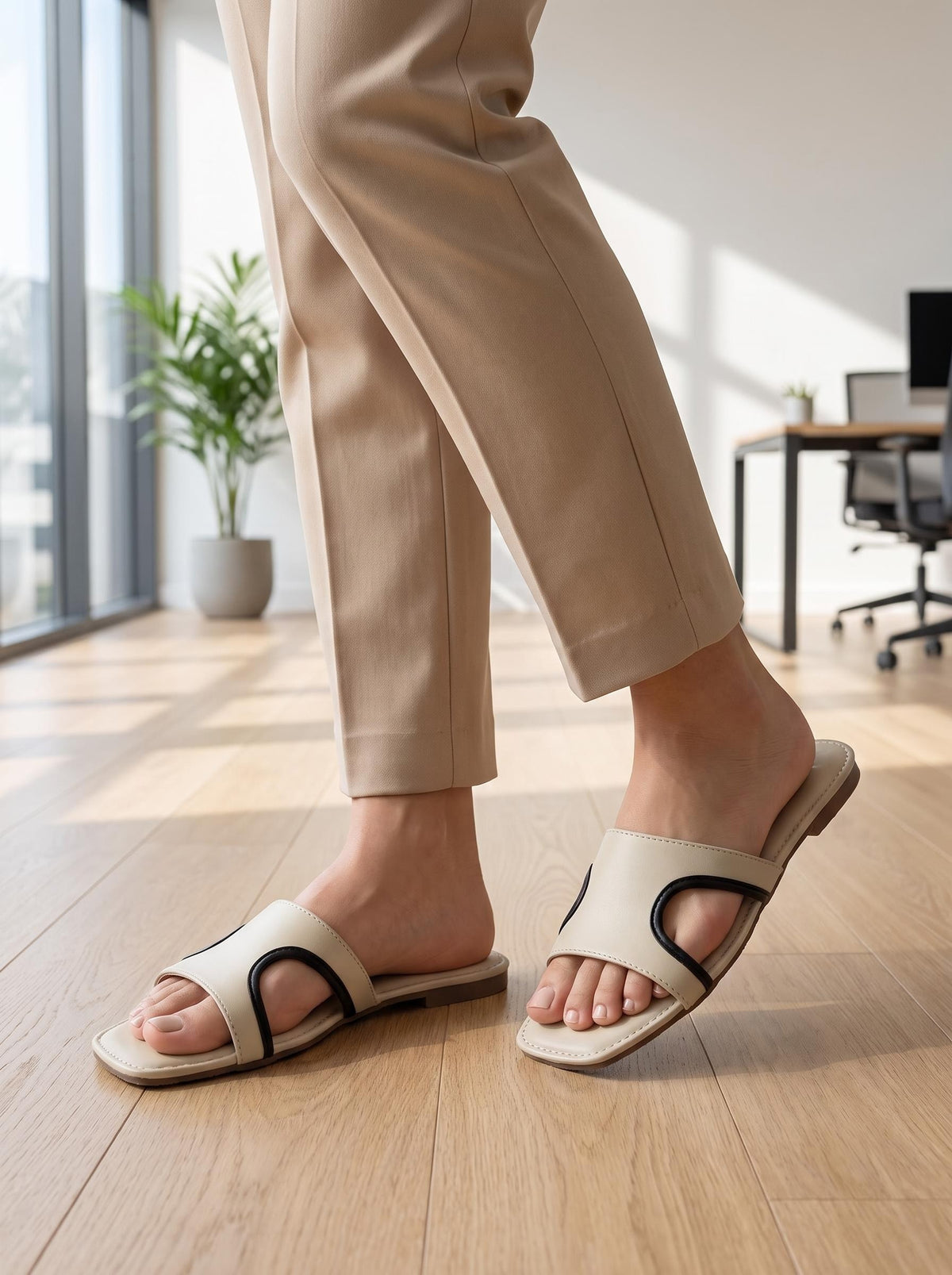 Contrast-Piped Minimal Slide in Ivory - office lifestyle