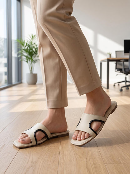 Contrast-Piped Minimal Slide in Ivory - office lifestyle