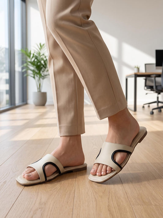 Contrast-Piped Minimal Slide in Ivory - office lifestyle