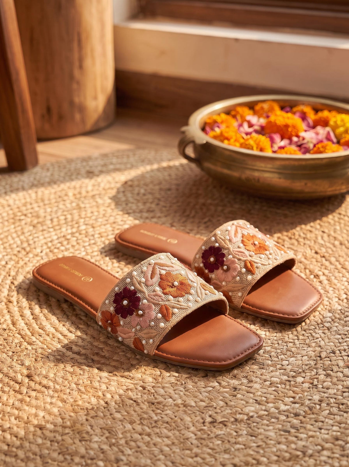 Floral Embroidered Slide in Cognac - front