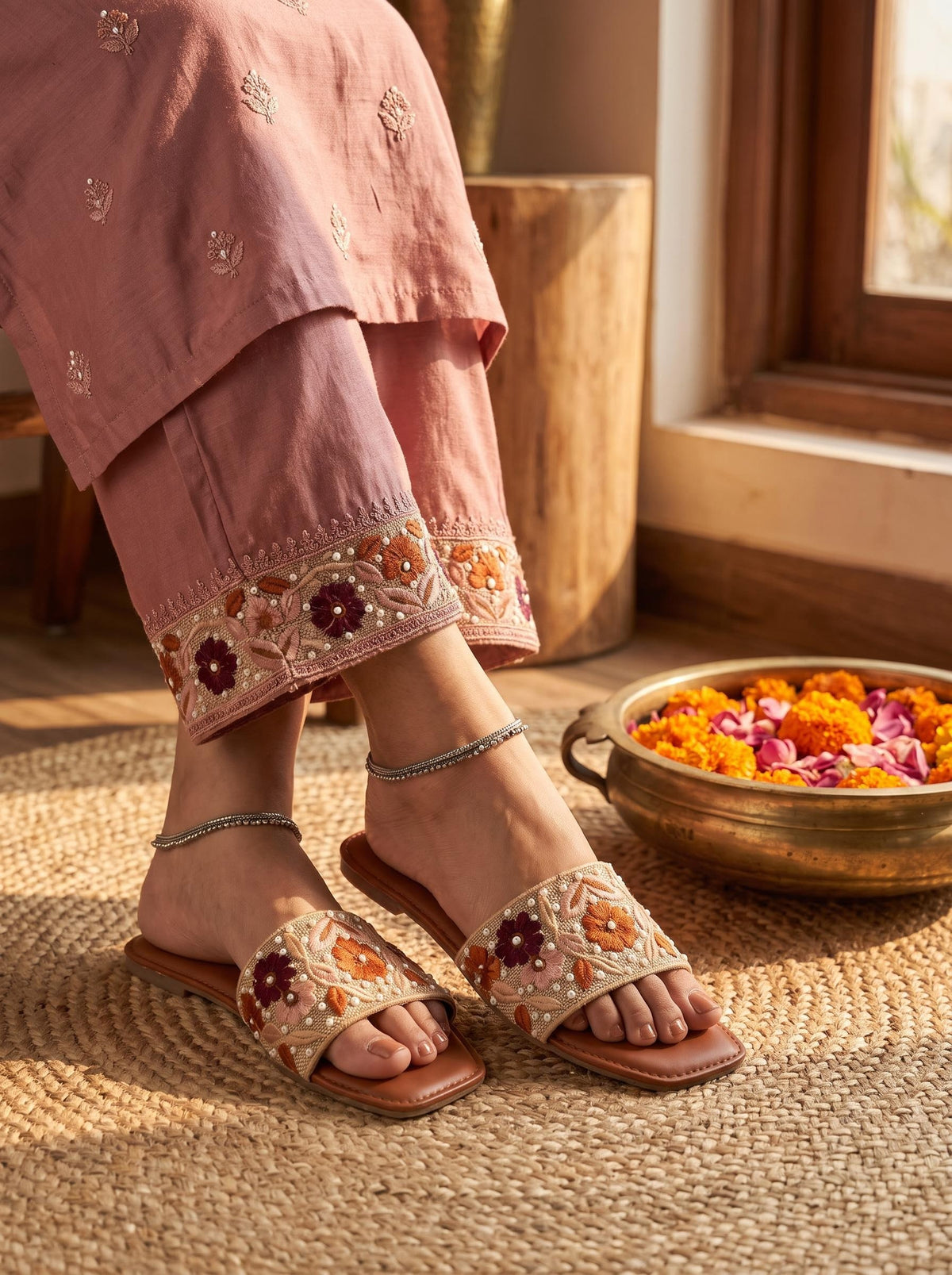 Floral Embroidered Slide in Cognac - lifestyle