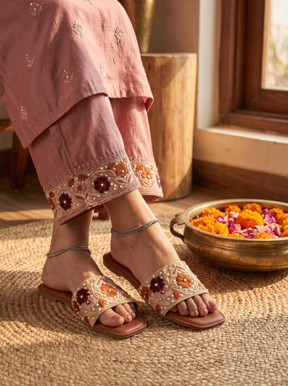 Floral Embroidered Slide in Cognac - lifestyle