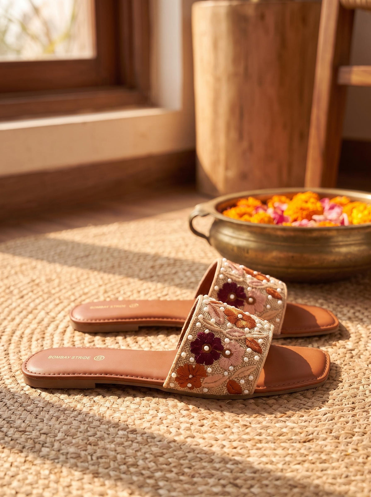 Floral Embroidered Slide in Cognac - side