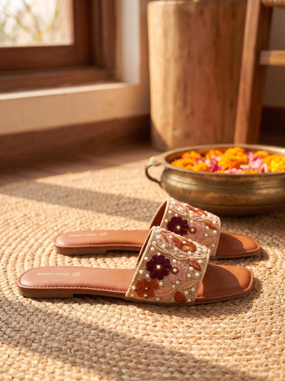 Floral Embroidered Slide in Cognac - side