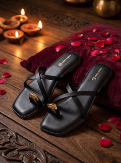 Gold Bauble Toe-Ring Sandal Black