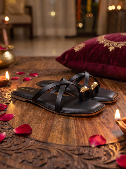 Gold Bauble Toe-Ring Sandal - Black - Side-real