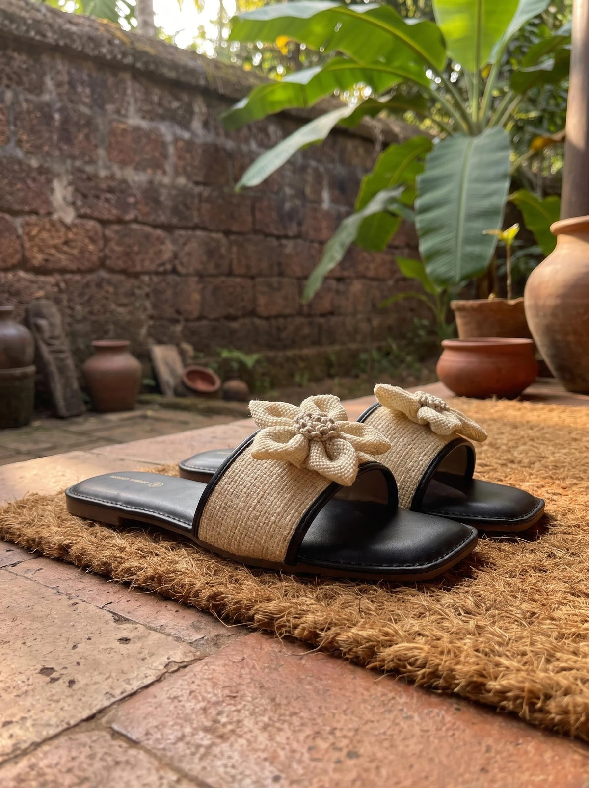 Jute Rosette Slide in Black - side