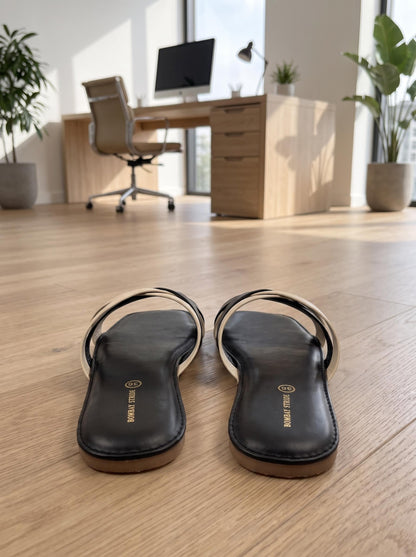 Two-Tone Cross-Strap Slide in Black & Cream - front view