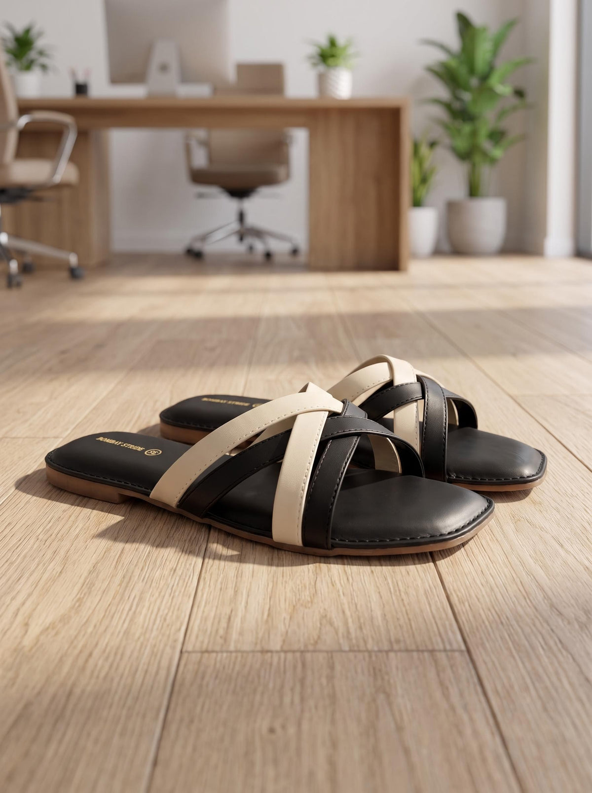 Two-Tone Cross-Strap Slide in Black & Cream - side view