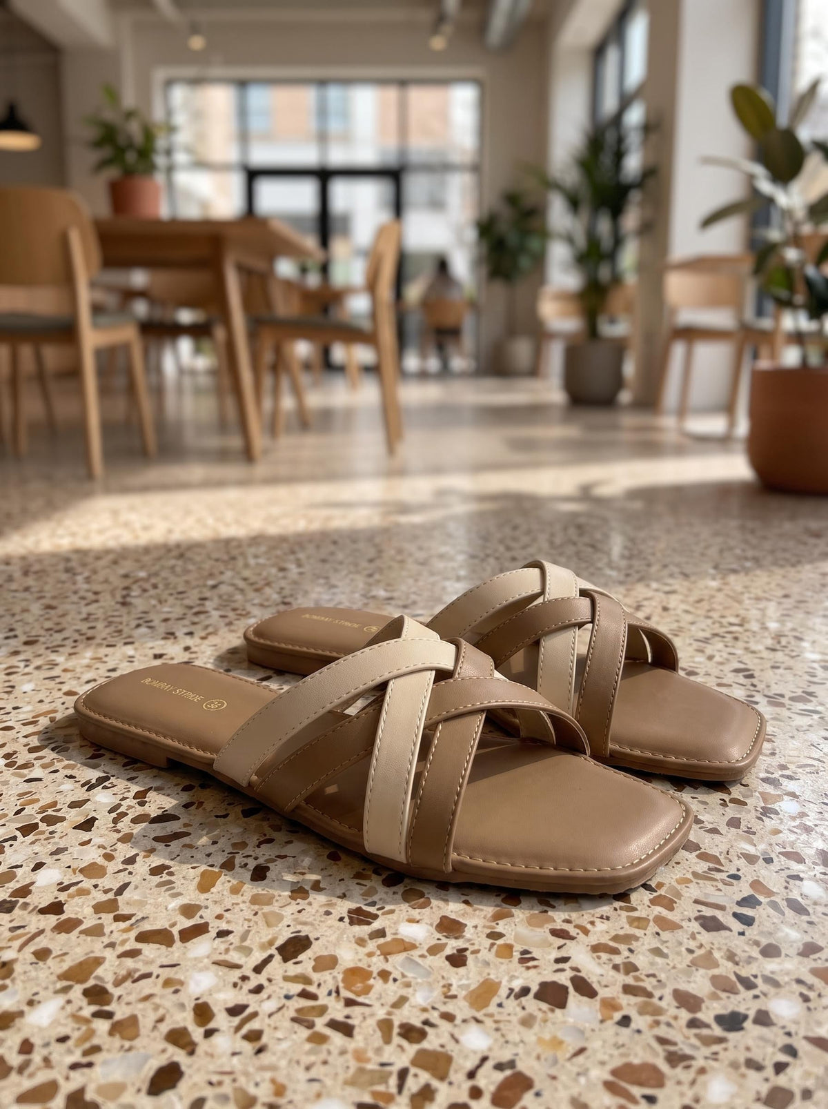 Two-Tone Cross-Strap Slide in Camel & Cream - side view