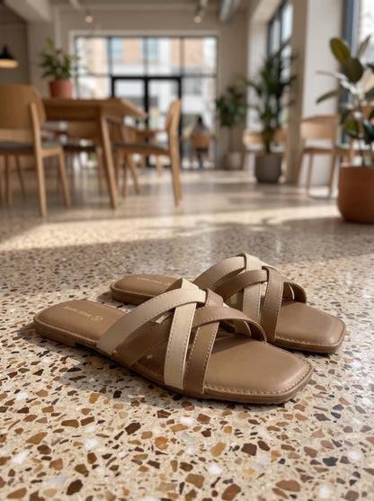 Two-Tone Cross-Strap Slide in Camel & Cream - side view